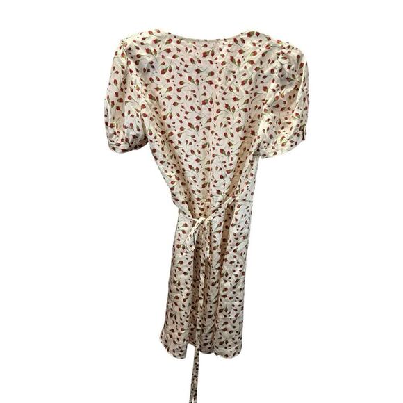 Reformation Cream Silk Mini Wrap Dress Rose Print Puff Sleeve V-Neck Size M - Picture 4 of 11